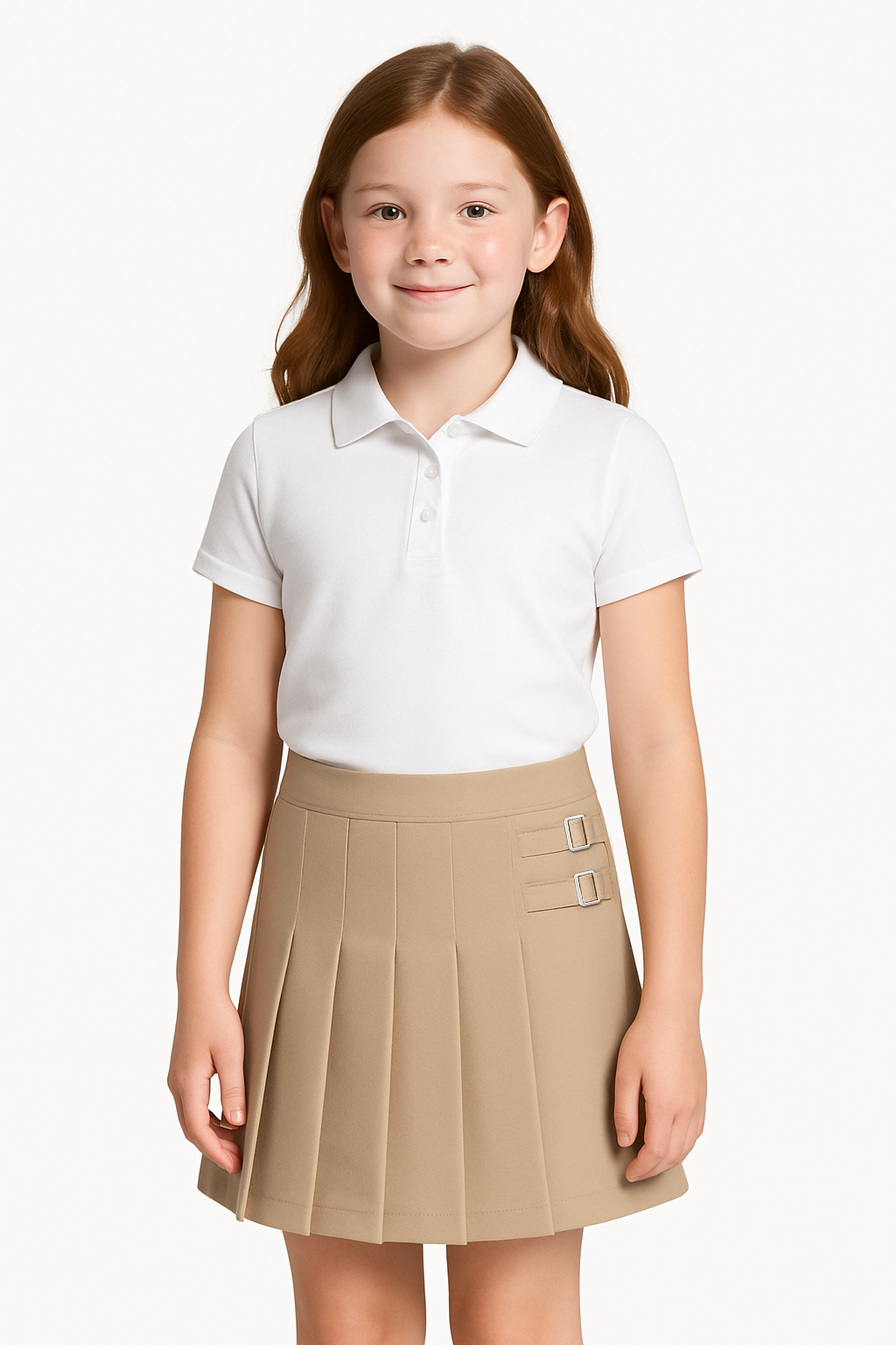 A front view of a girls' 2-tab school uniform skort featuring a pleated design and decorative tabs.