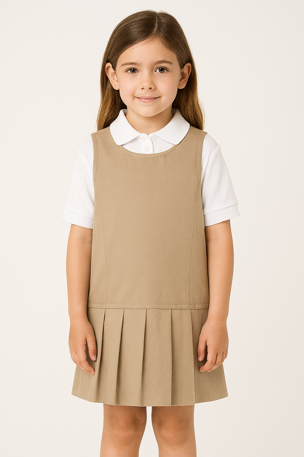 A classic girls' pleated school uniform jumper dress in a traditional pinafore style.