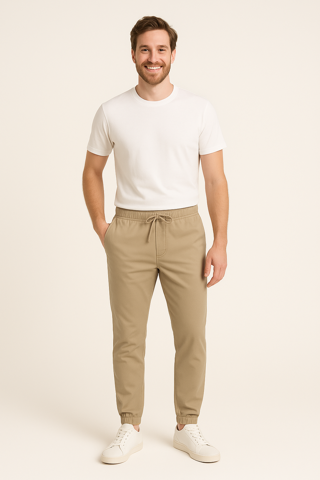 Men wearing comfortable and stylish twill jogger pants in a modern tapered fit