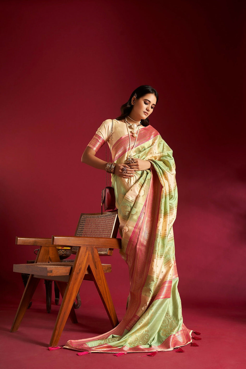 Cream & Sea Green Soft Silk Saree with Traditional Border