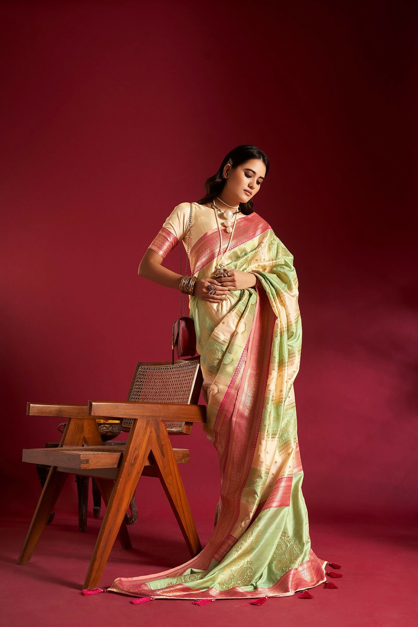 Cream & Sea Green Soft Silk Saree with Traditional Border