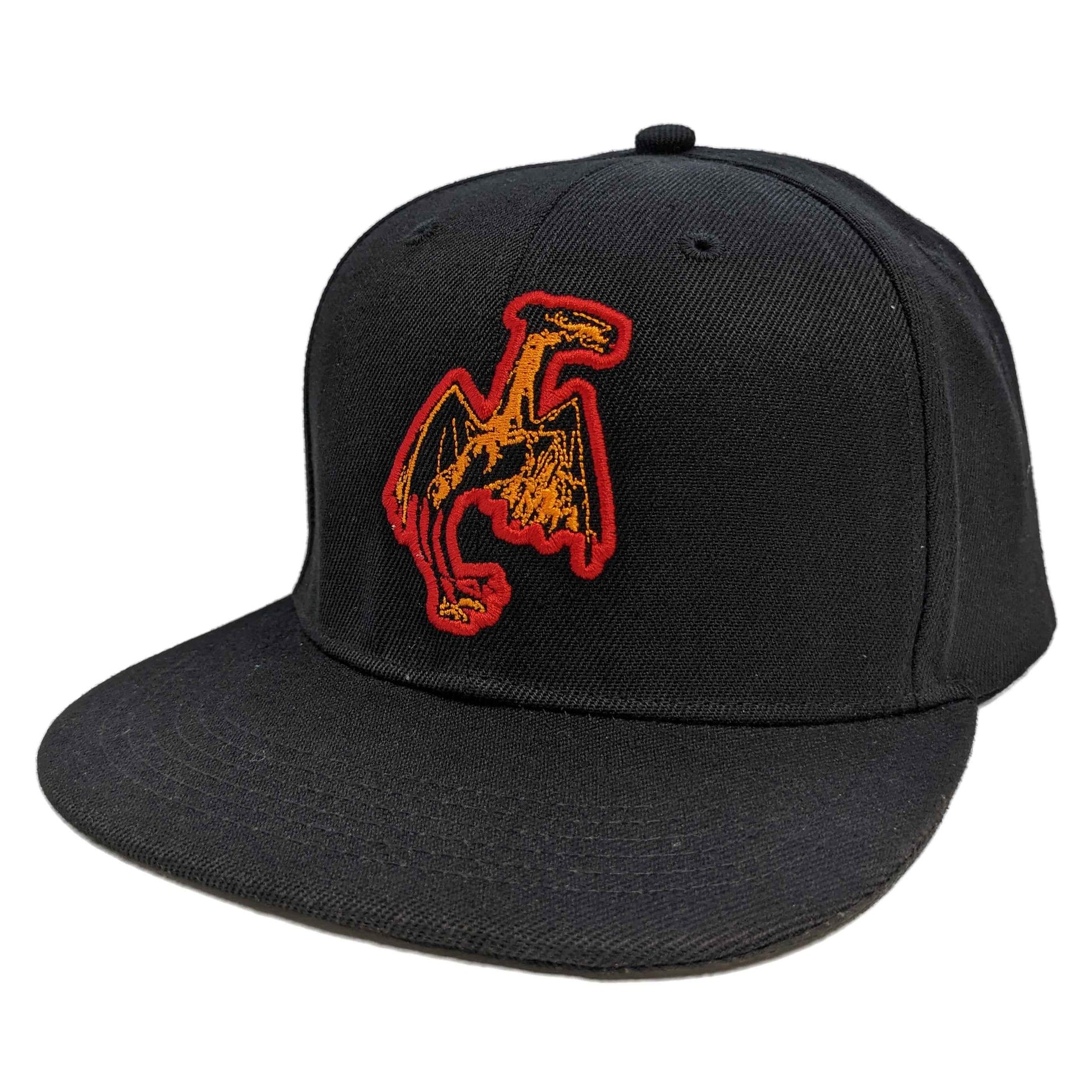 Black trucker hat with Jersey Devil patch and red and orange accent details
