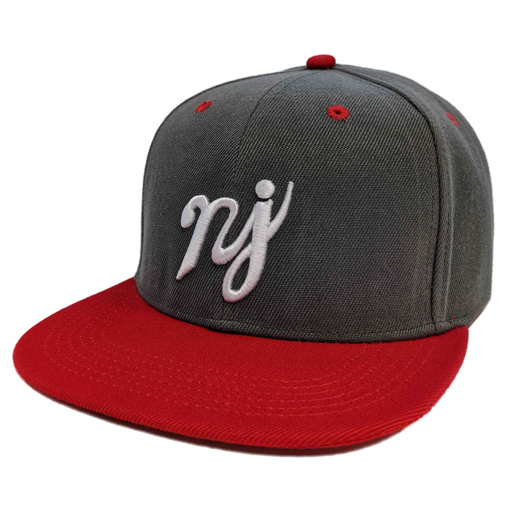 Red and Heather Grey snapback hat with NJ script embroidery on the front panel