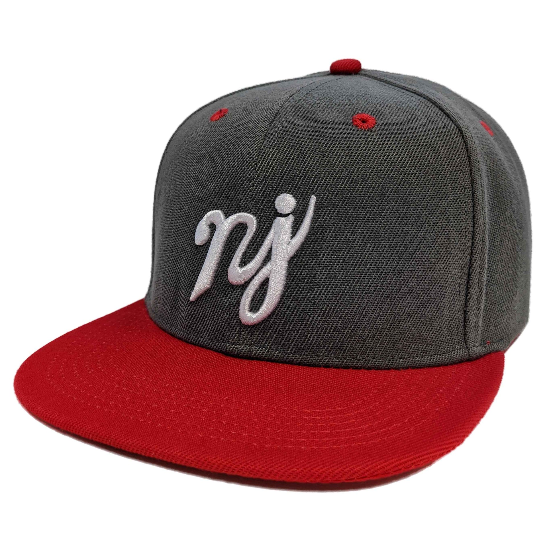 Red and Heather Grey snapback hat with NJ script embroidery on the front panel