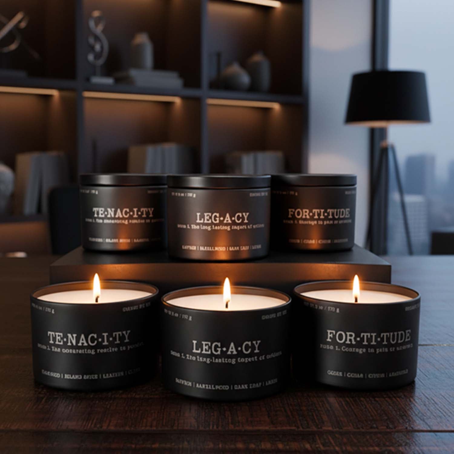A collection of black motivational candles labeled Fortitude, Legacy, and Tenacity, with one lit candle in the foreground on a rustic wooden table.