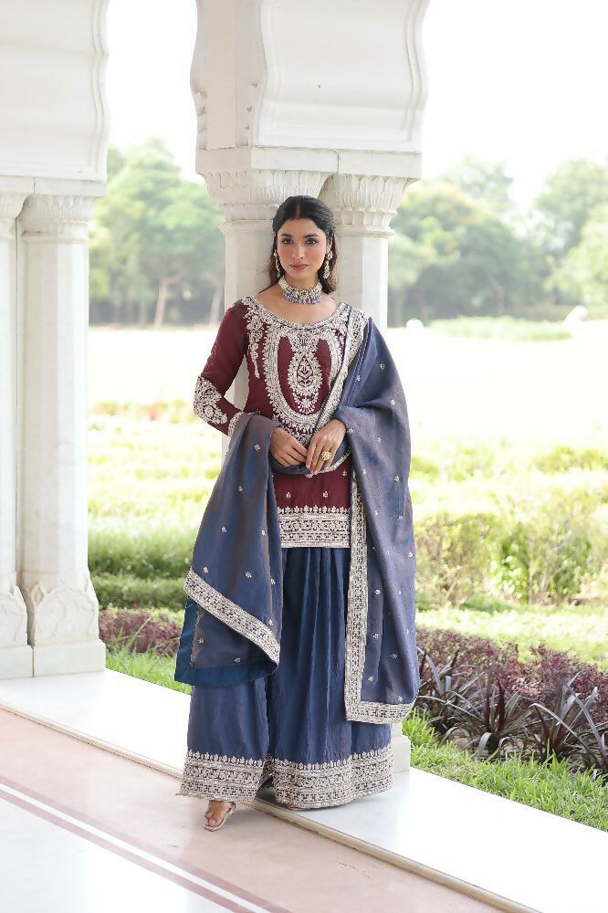 Maroon Silk Kurta Set with Sequins, Zari & Thread Embroidery