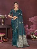 Teal satin silk saree with floral prints and matching unstitched blouse