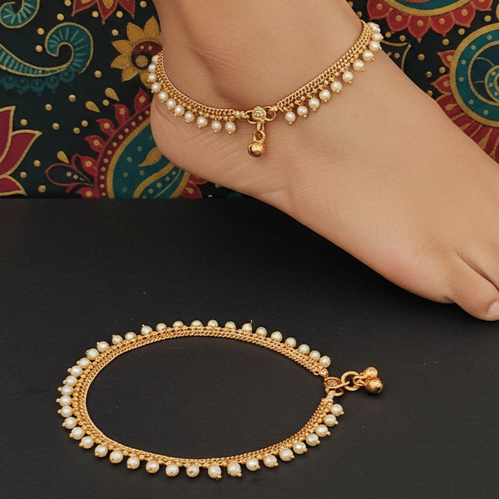 High gold classic pearl party wear anklet for kids with delicate stones