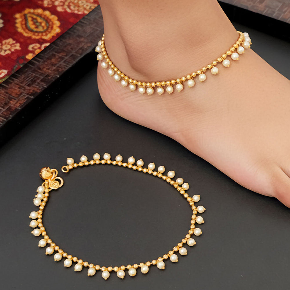 High gold finish pearl anklet featuring delicate stones, perfect for girls party attire