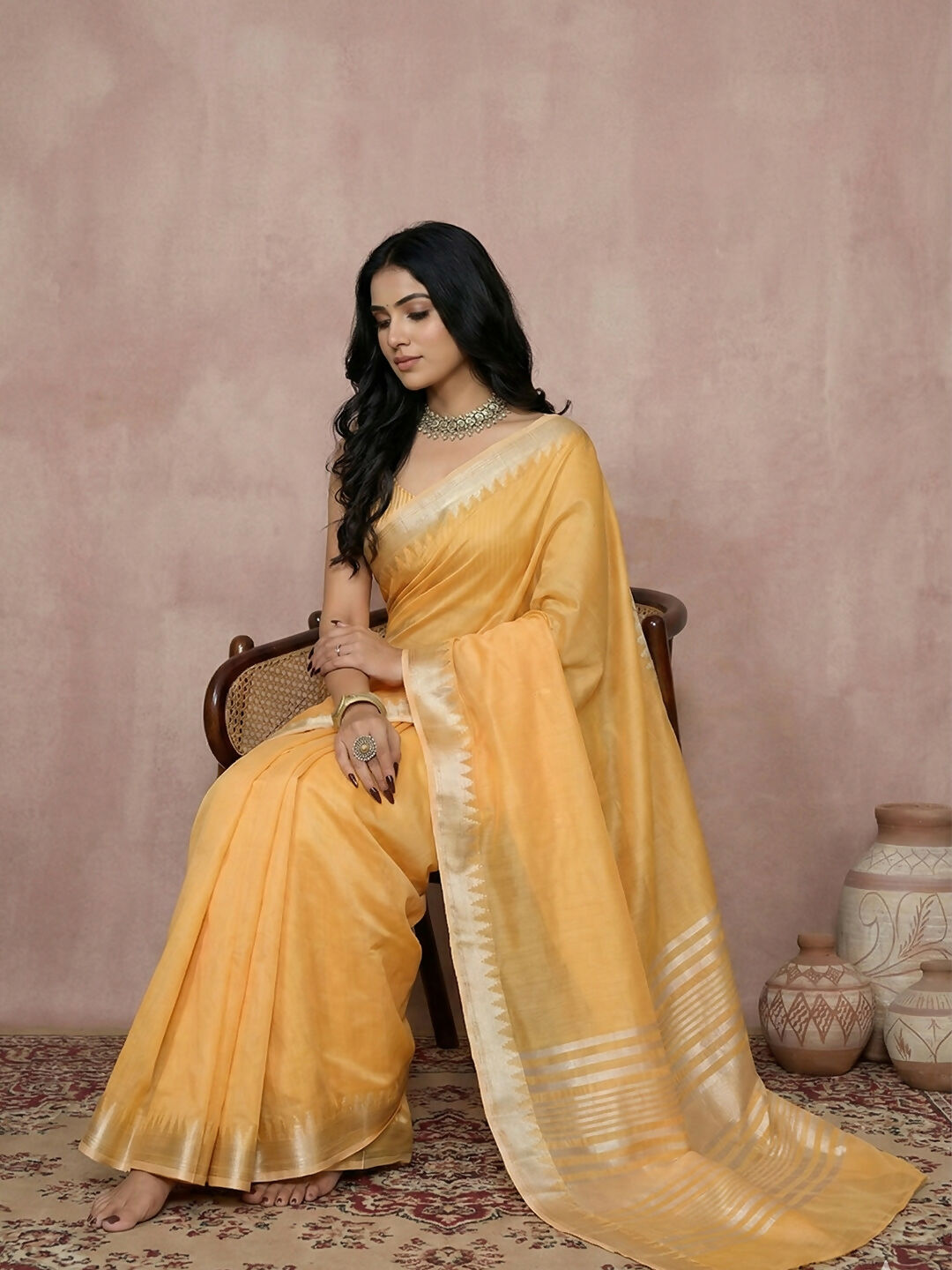 Mustard Yellow Cotton Saree with Matching Blouse