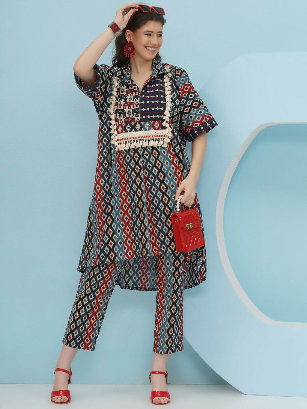 Blue Red Ikkat Print Cotton Kaftan Set for Women