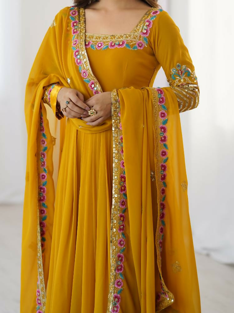 Mustard Georgette Sequence Embroidery Readymade Kurta Set
