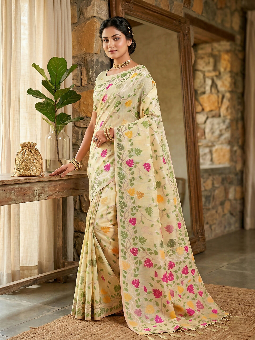 Cream Linen Cotton Saree with Matching Blouse Piece