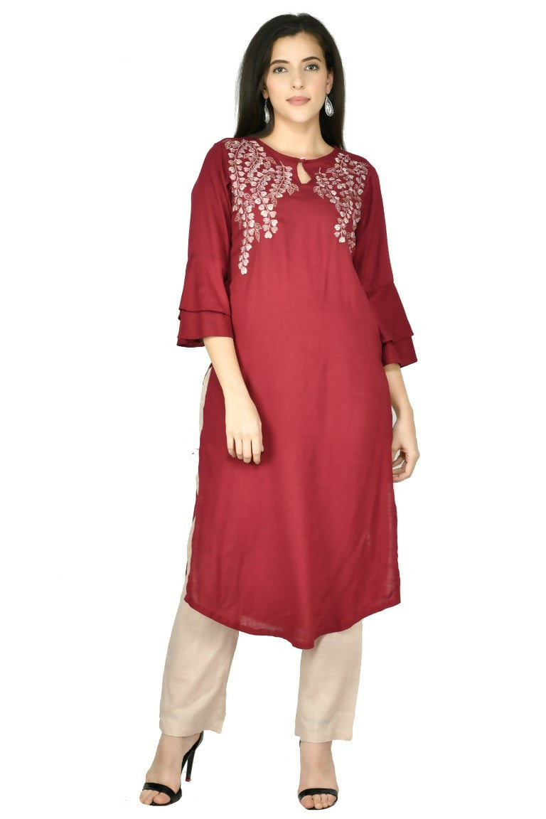 Model wearing a deep wine cotton rayon 3-piece kurta set