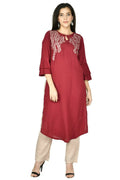 Model wearing a deep wine cotton rayon 3-piece kurta set