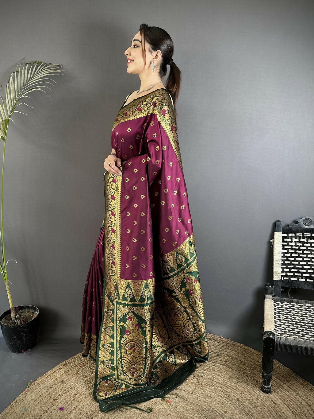 Wine Soft Silk Banarasi Saree with Intricate Motifs and Green Blouse