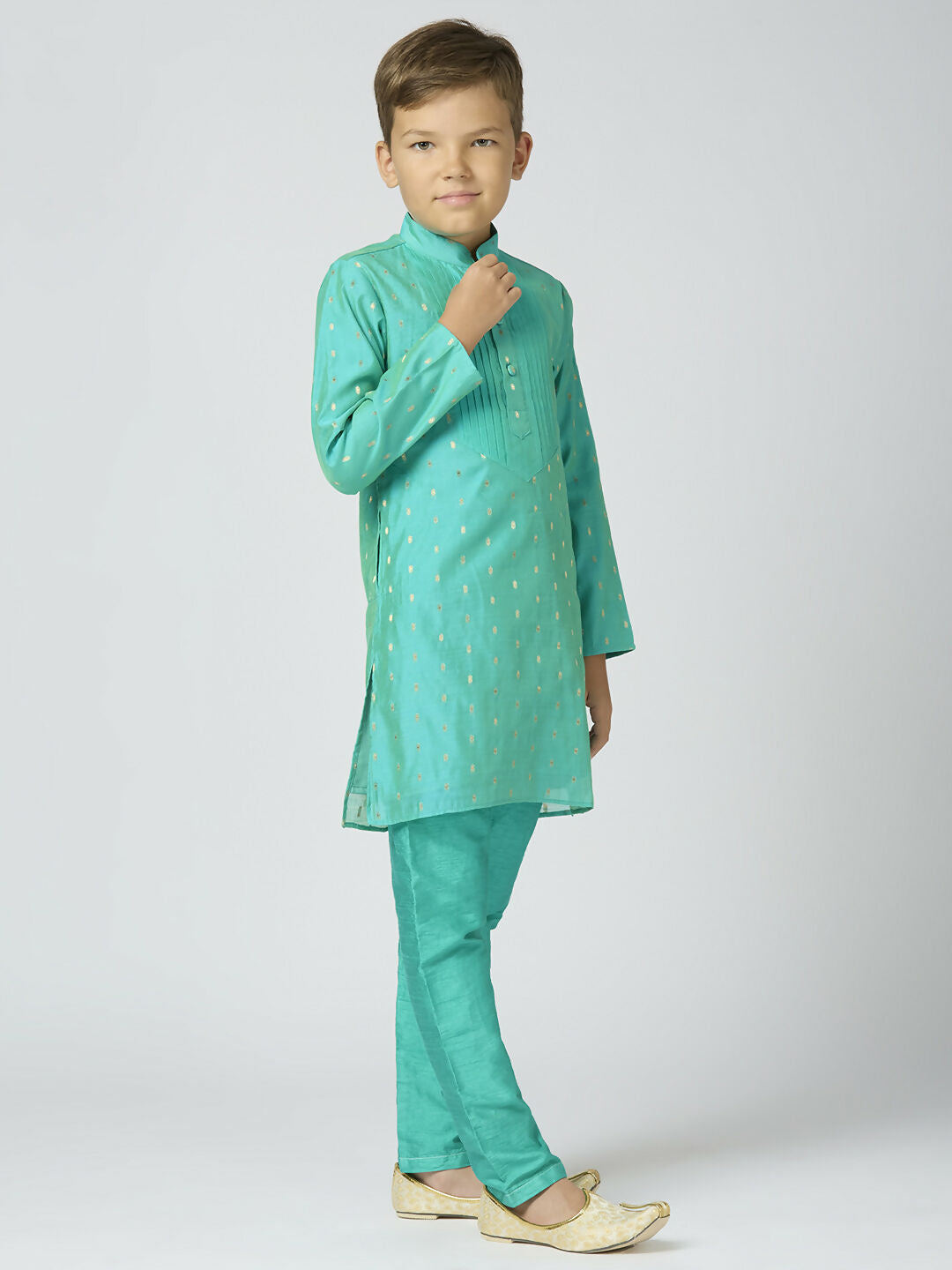 Boys Sea Green Chanderi Kurta and Pyjama Set with Butta Work