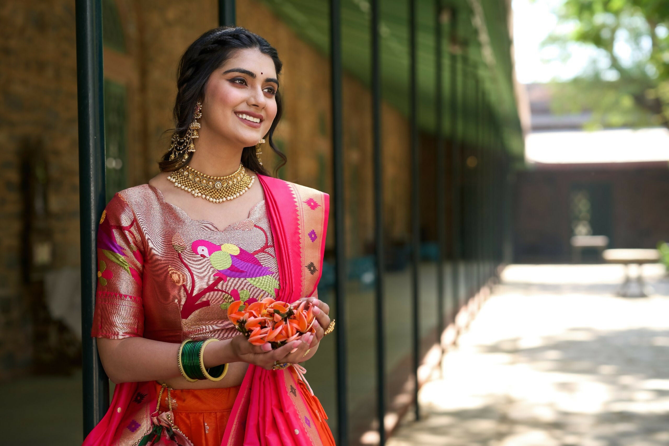 Red Paithani Lehenga Choli Set in Jacquard Silk for Festive Wear