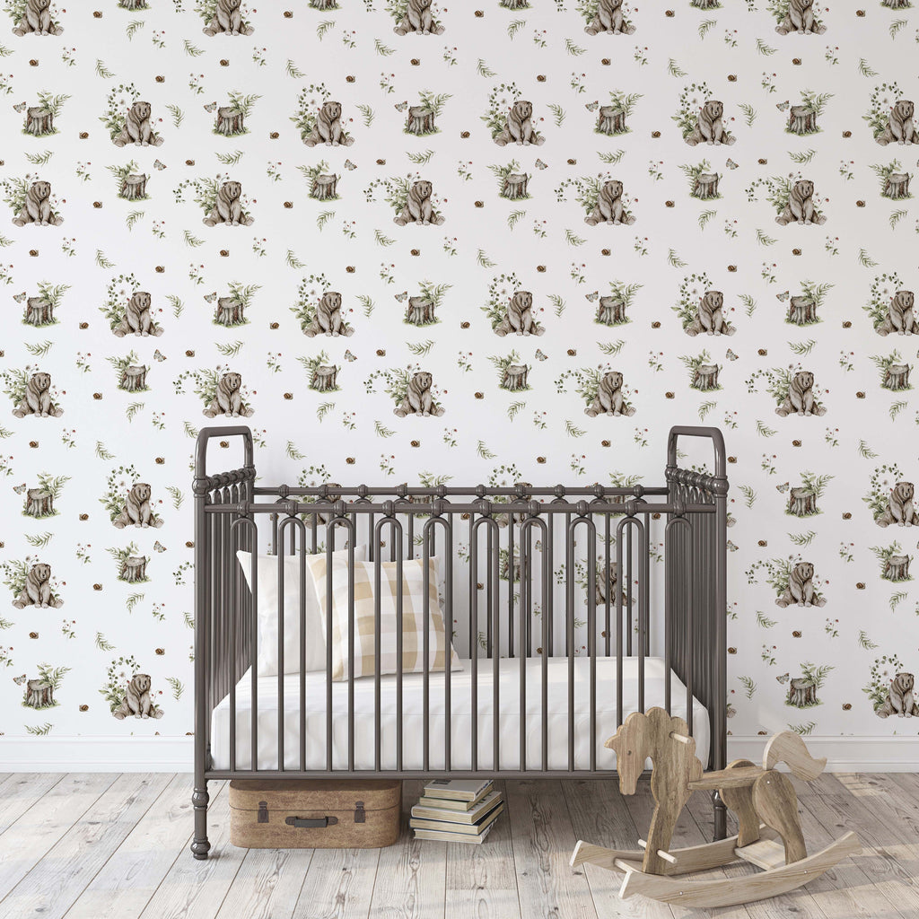 Paddington whimsical wallpaper with white, brown, and green colors, perfect for nursery decor.