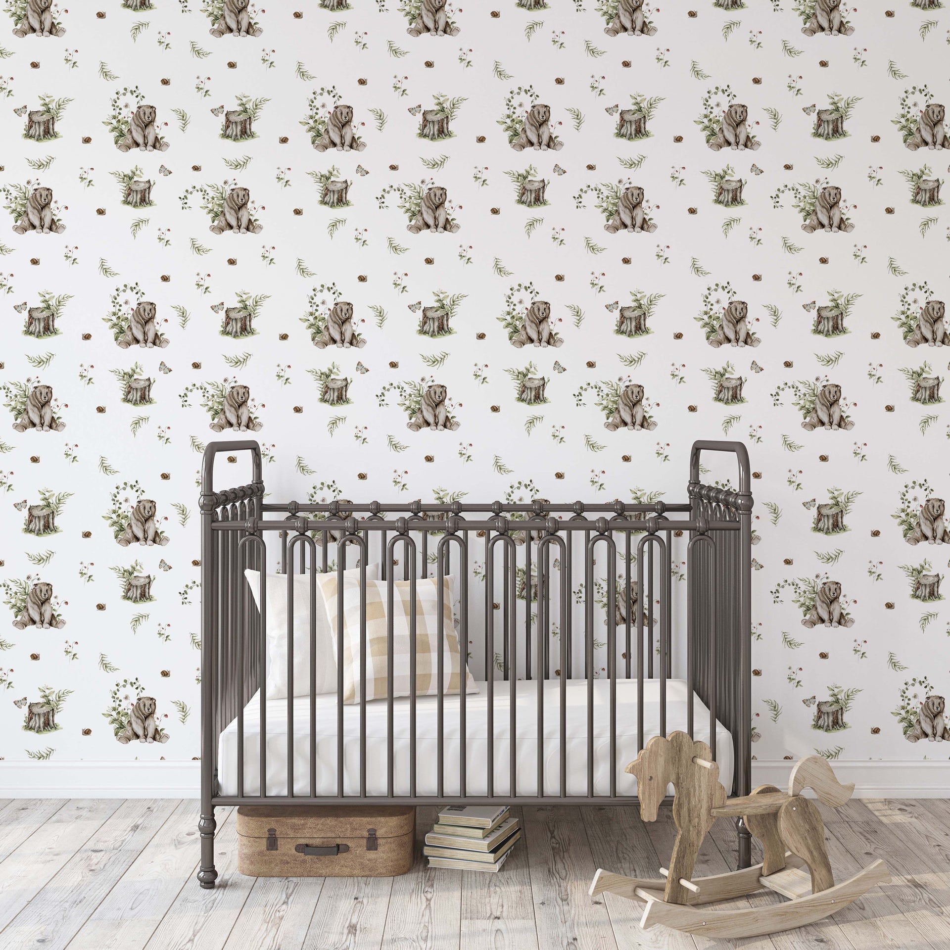 Paddington whimsical wallpaper with white, brown, and green colors, perfect for nursery decor.