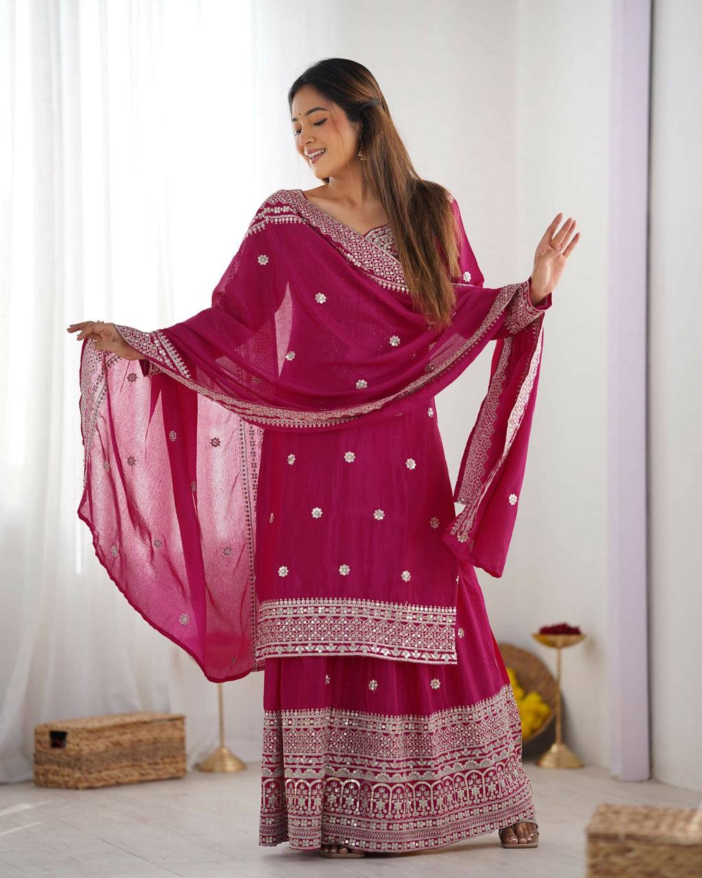 Pink Silk Kurta Set with Sequins, Zari, and Thread Embroidery