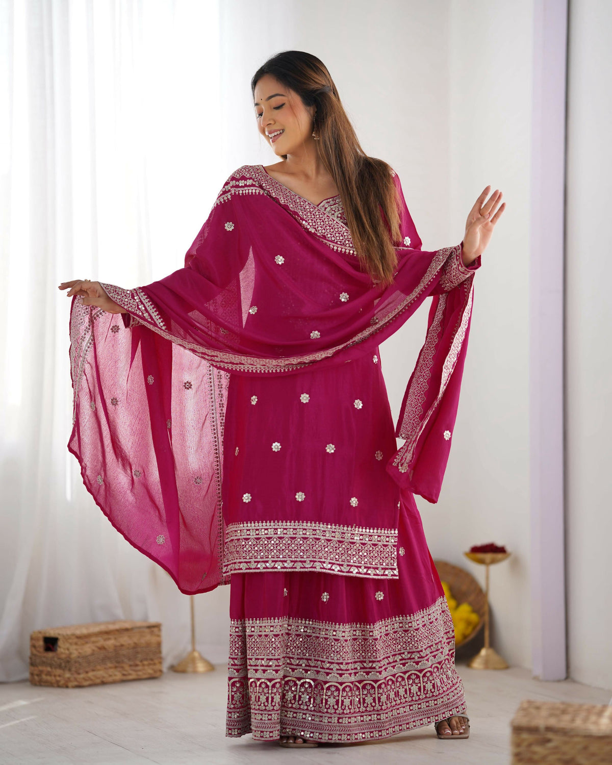 Pink Silk Kurta Set with Sequins, Zari, and Thread Embroidery