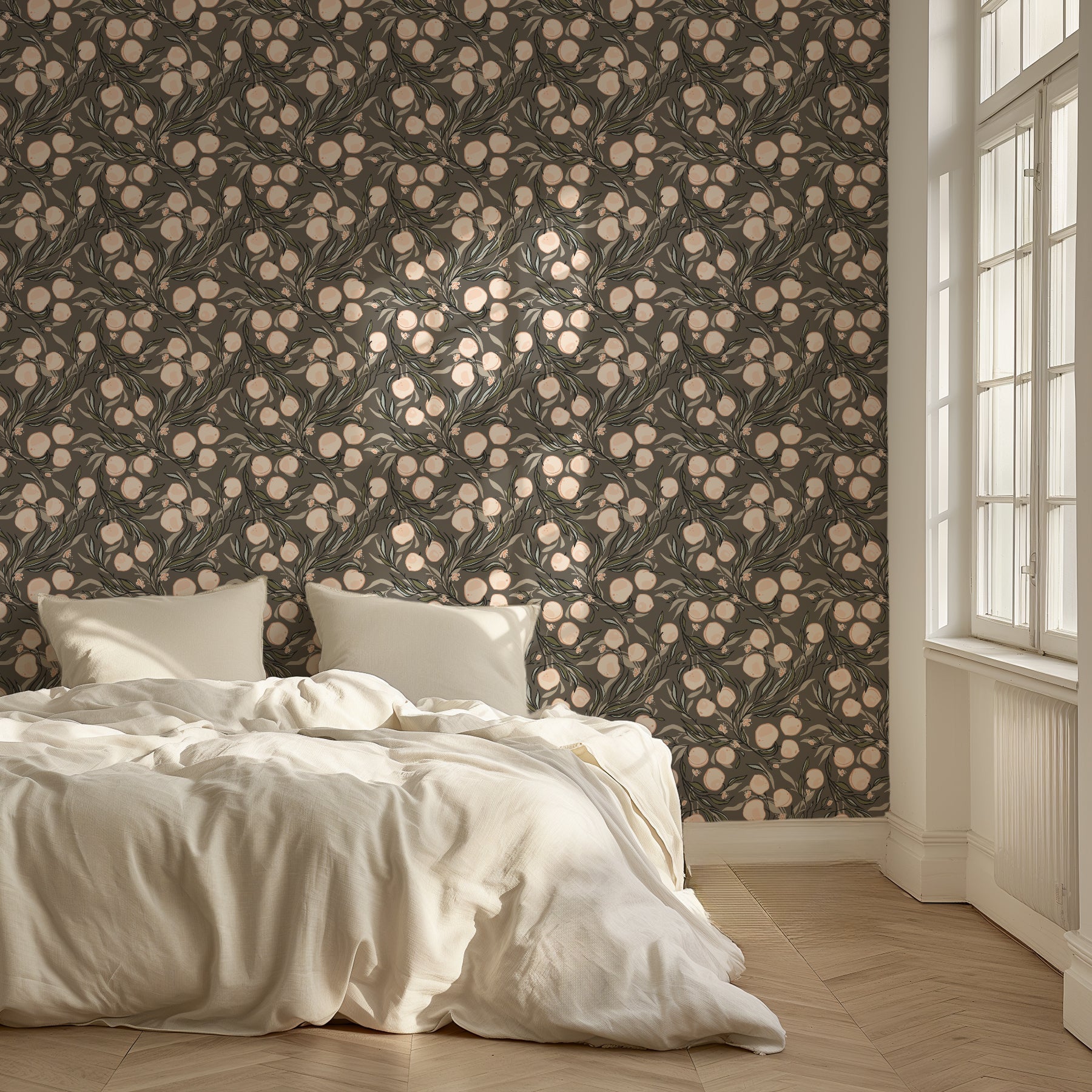 Paige Floral Removable Wallpaper in Peach, Sage-Green and Charcoal