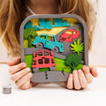3D DIY Wood Painting Kit for Kids featuring car designs with non-toxic paints and wooden assembly pieces.