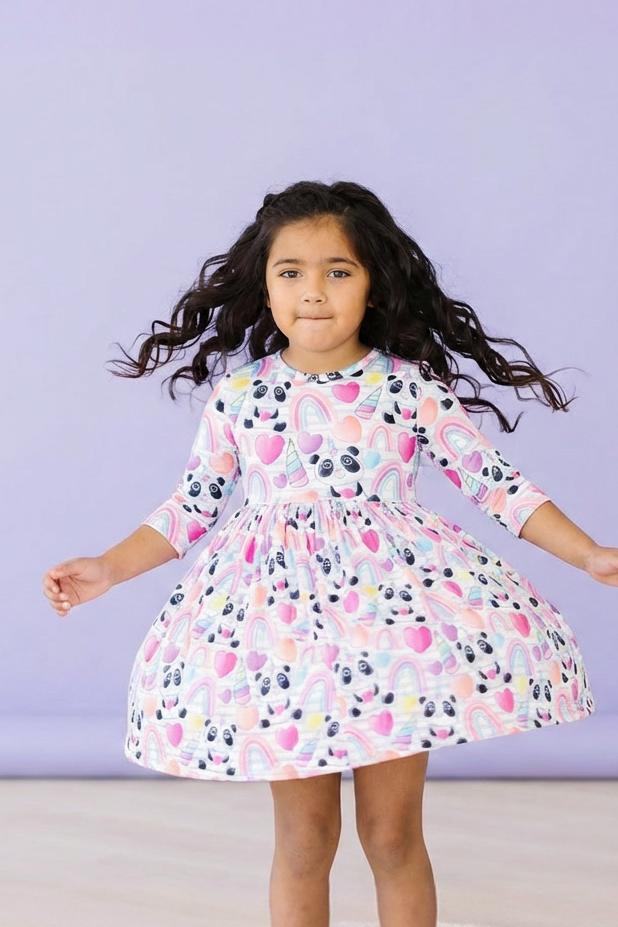 Peace, Love & Pandacorns 3/4 Sleeve Pocket Twirl Dress