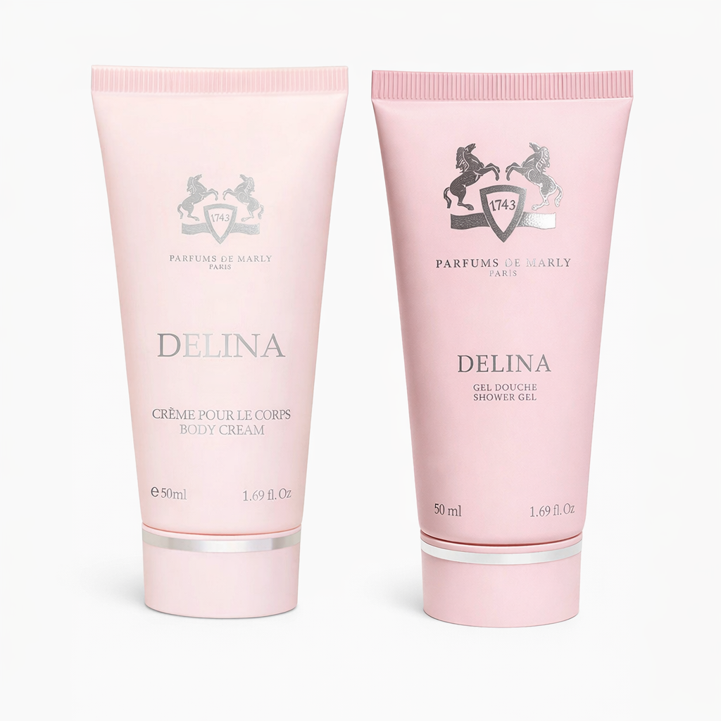 Parfums de Marly luxury shower gel and body cream set in elegant packaging