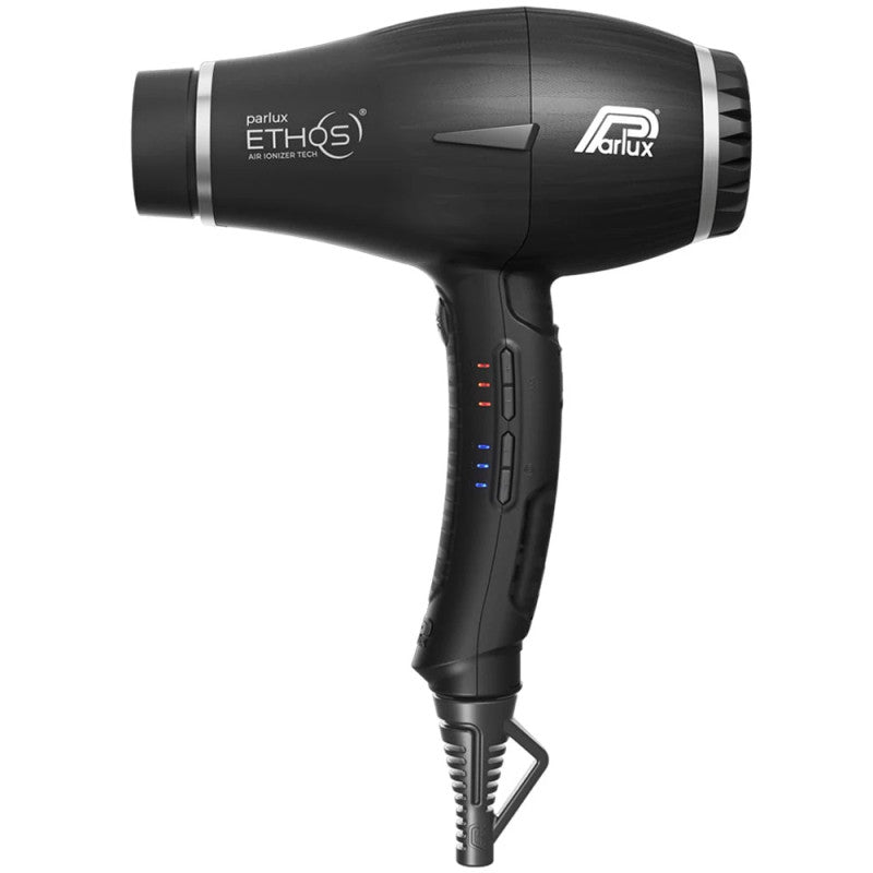 Modern glossy professional digital hair dryer in a contemporary bathroom setting