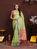Parrotgreen soft katan silk saree featuring geometric gold zari patterns and a decorative pallu