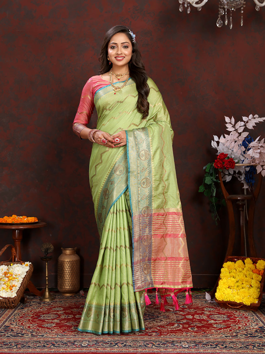 Parrotgreen soft katan silk saree featuring geometric gold zari patterns and a decorative pallu