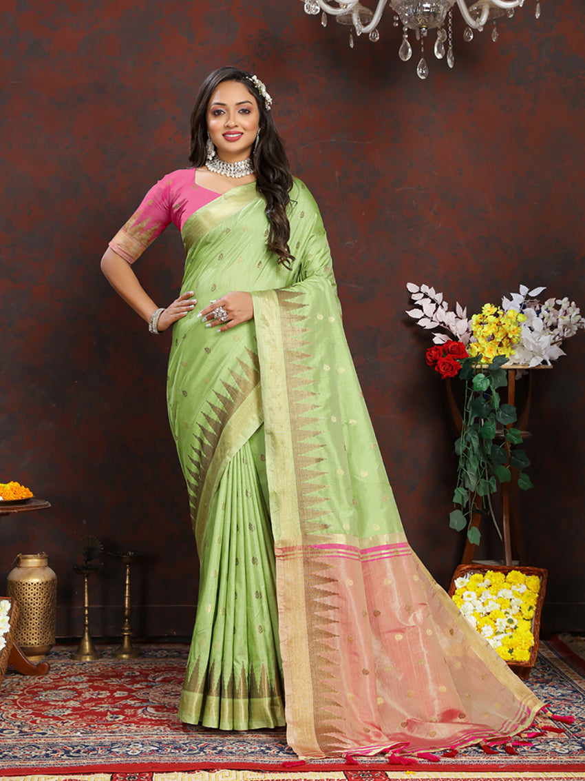 Parotgreen Soft Katan Silk Saree with Zari Weaving Pallu