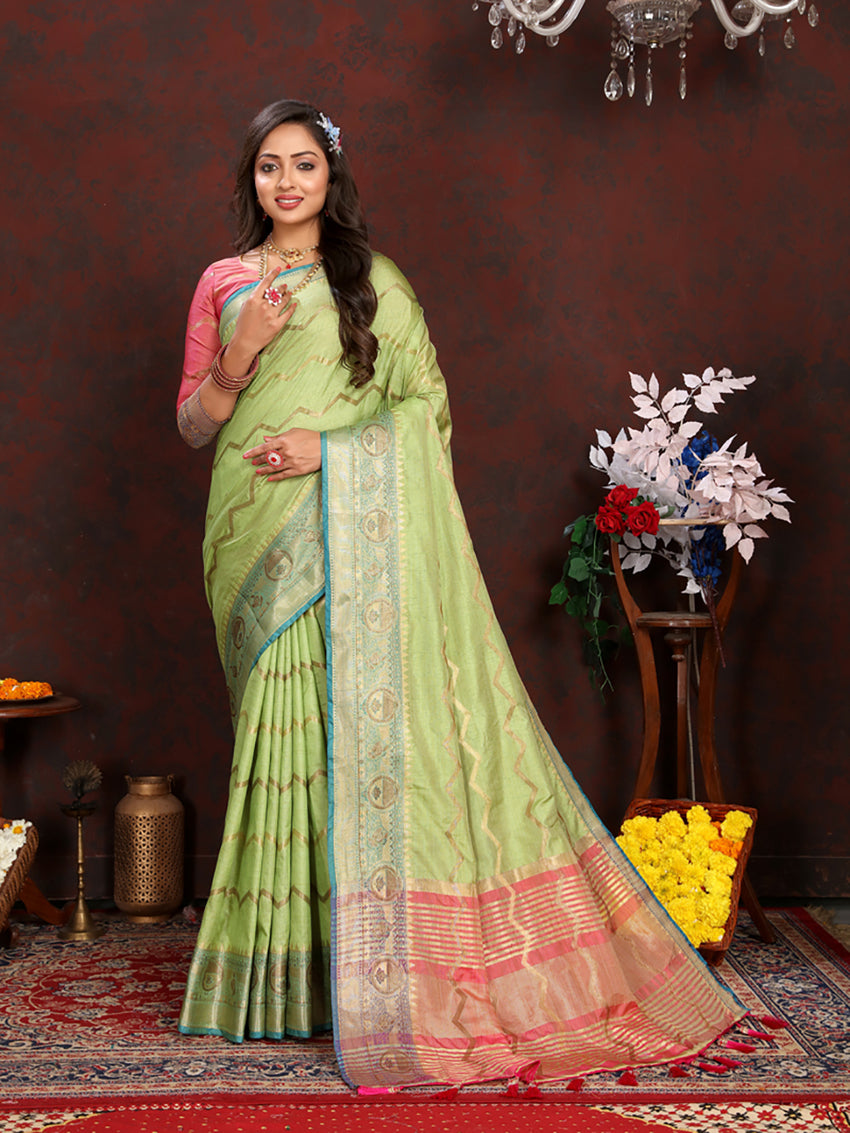 Parrotgreen Soft Katan Silk Saree with Geometric Zari Weaving
