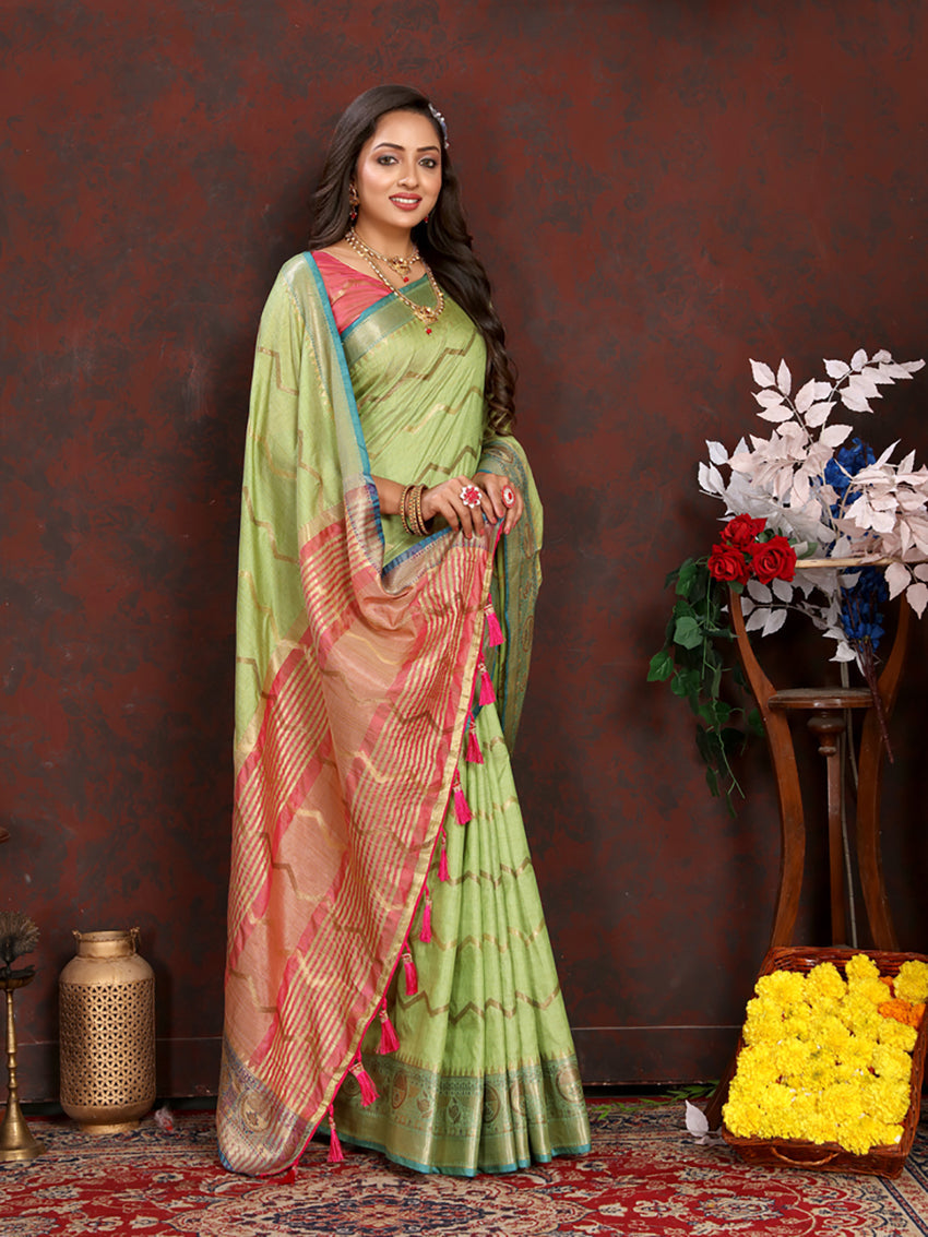 Parrotgreen Soft Katan Silk Saree with Geometric Zari Weaving