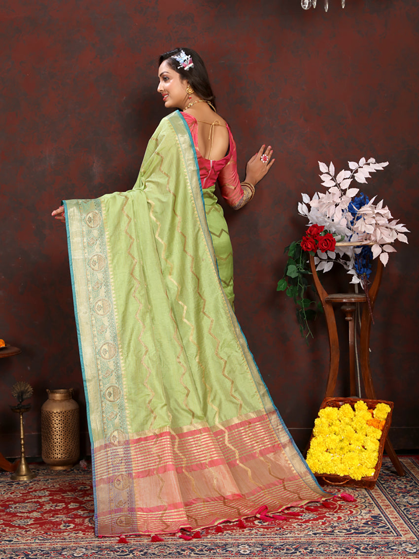 Parrotgreen Soft Katan Silk Saree with Geometric Zari Weaving