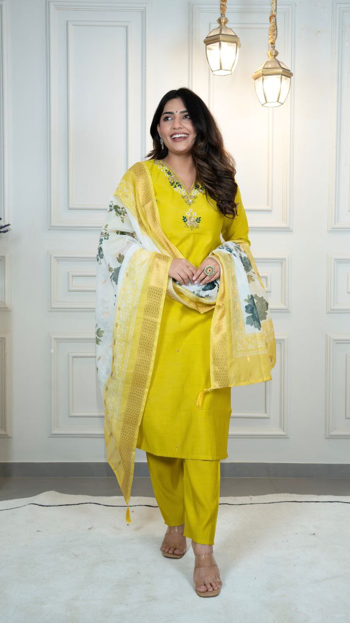 Lorenvalley Fashion Parotgreen Roman Silk Hand Work Kurta Pant with Dupatta