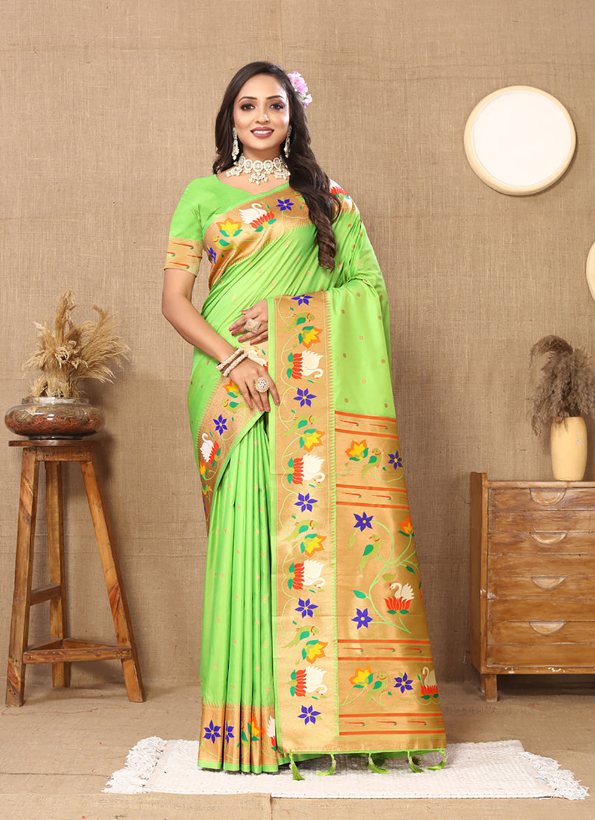 Parotgreen Soft Paithani Silk saree with Meenakari zari weaving and detailed pallu with tassels