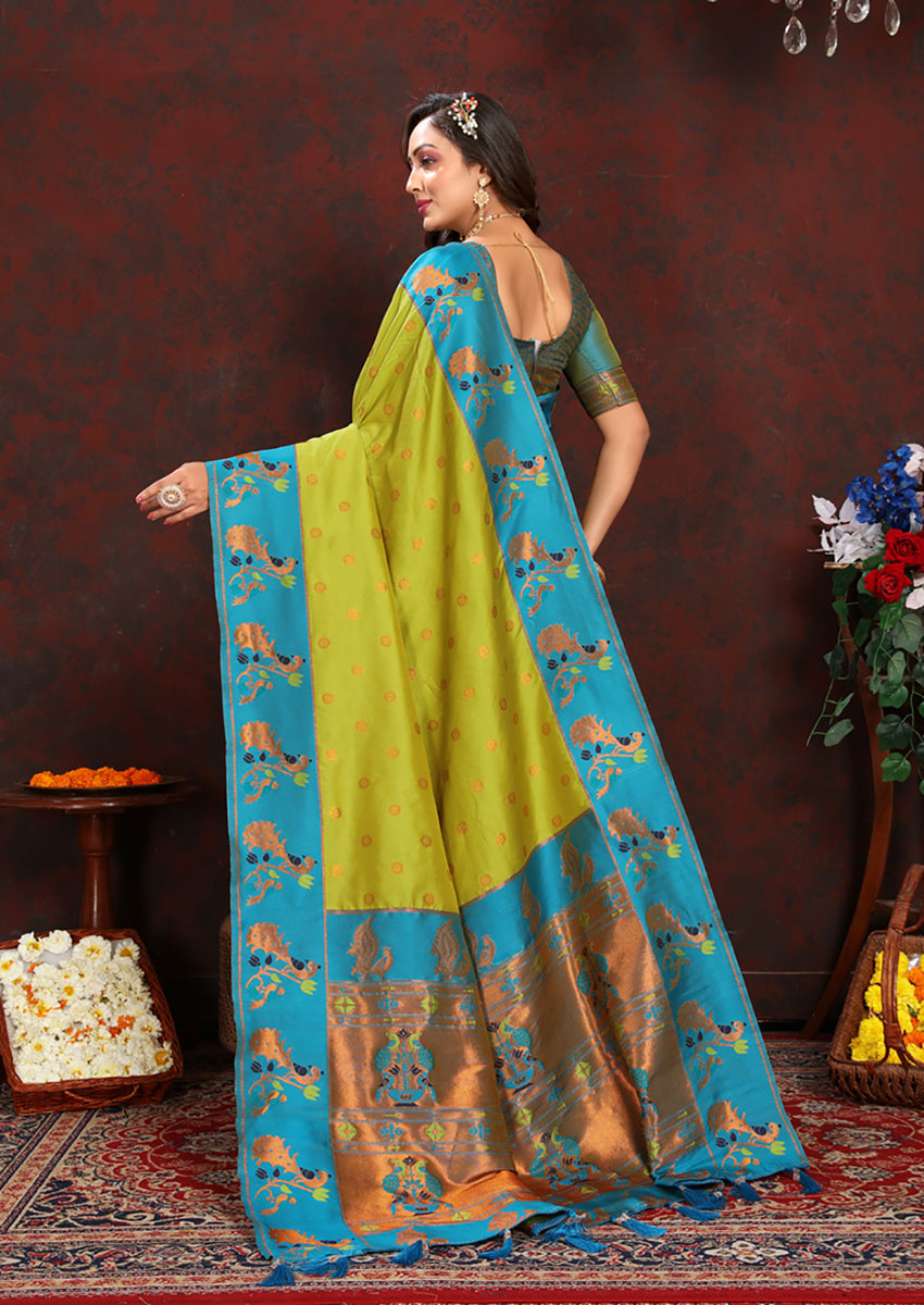 Parrot Green Paithani Silk Saree with Rich Zari Meenakari Weaving