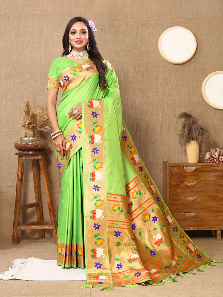 Parotgreen Soft Paithani Silk Saree with Rich Meenakari Weaving