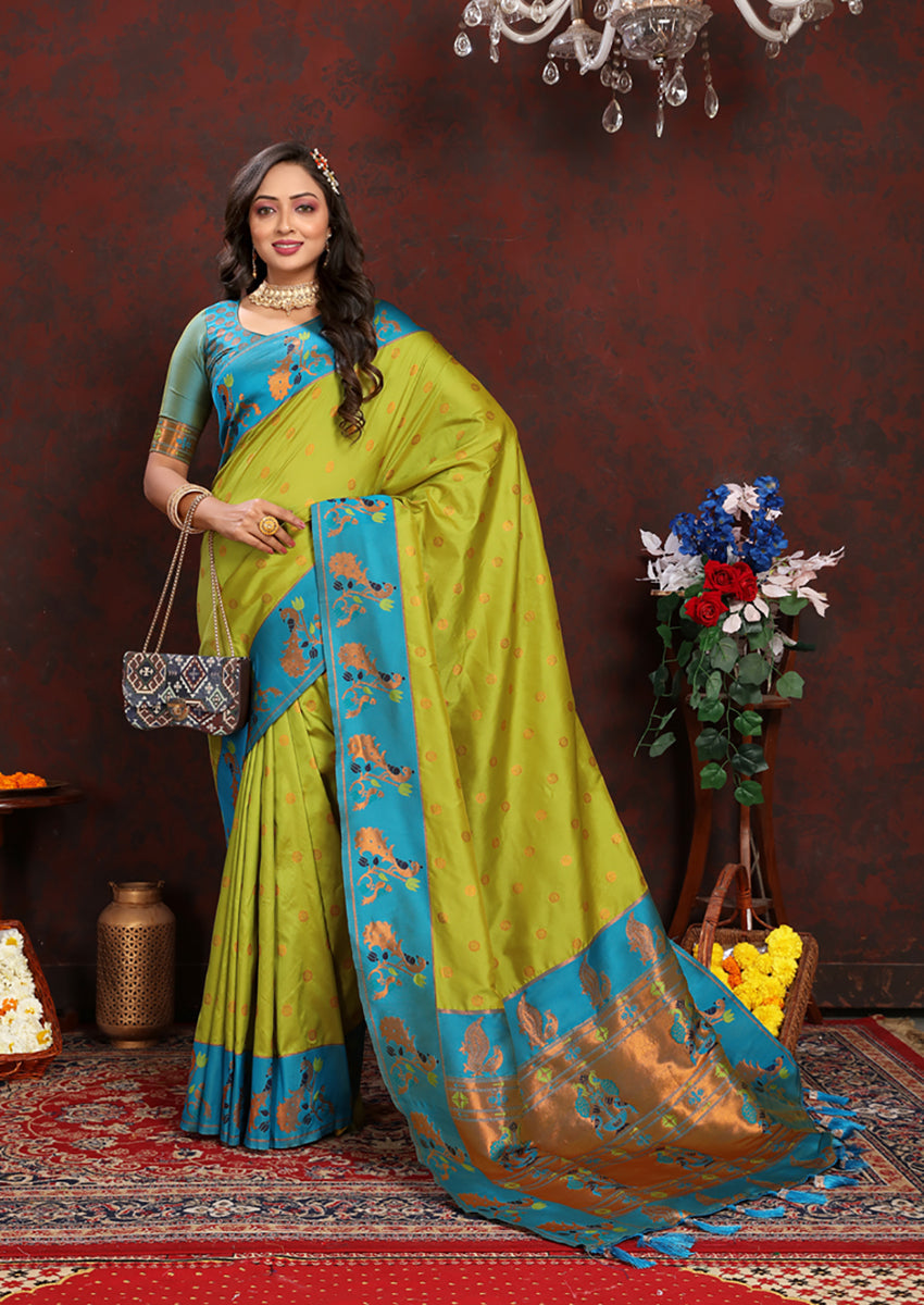 Parrot Green Paithani Silk Saree with Rich Zari Meenakari Weaving