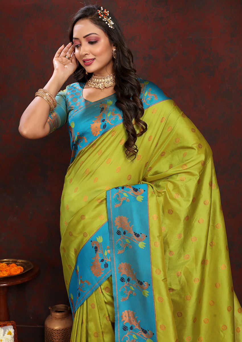 Parrot Green Paithani Silk Saree with Rich Zari Meenakari Weaving