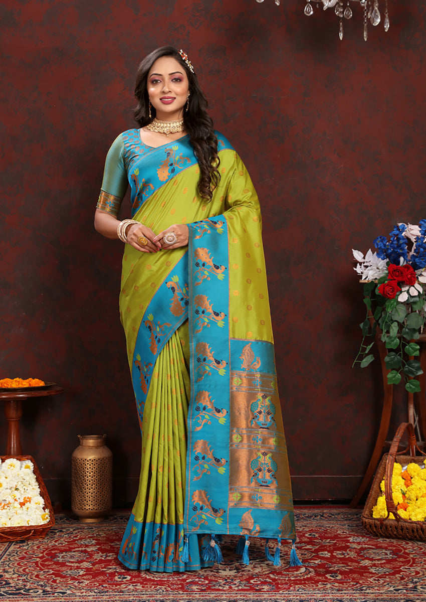 Parrot green Paithani silk saree with gold zari Meenakari weaving and blue accents