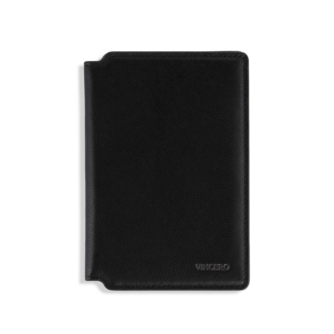 Black Italian leather passport wallet featuring multiple card slots and a dedicated passport sleeve.