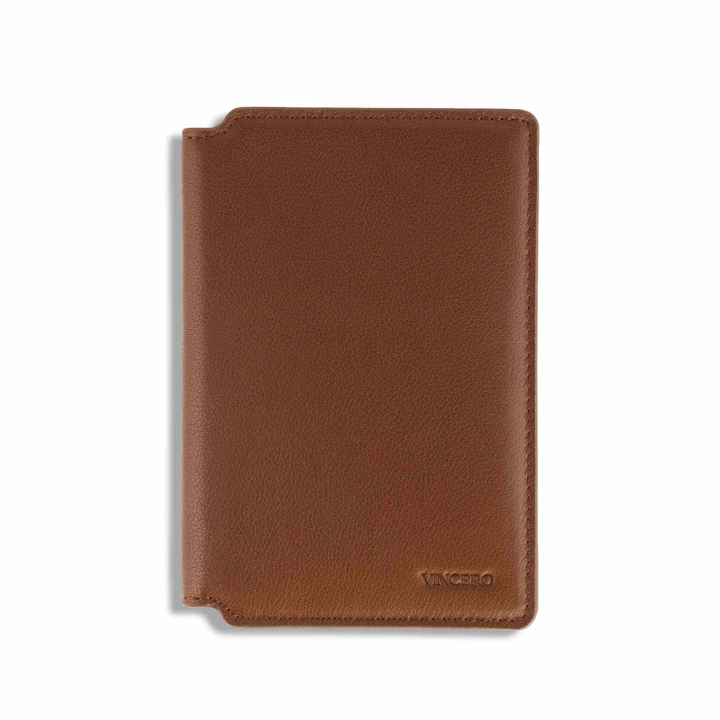 Premium Italian leather passport wallet in Saddle color featuring card slots and document sleeve.
