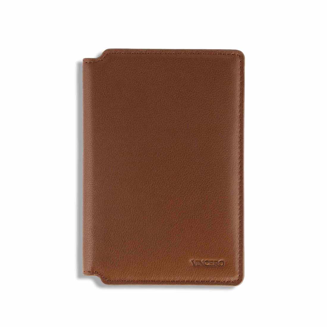 Premium Italian leather passport wallet in Saddle color featuring card slots and document sleeve.