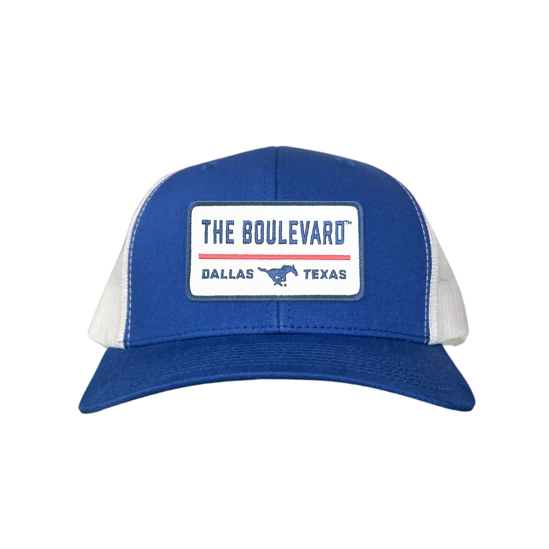 SMU The Boulevard rectangle patch mesh snapback cap with Mustang logo.