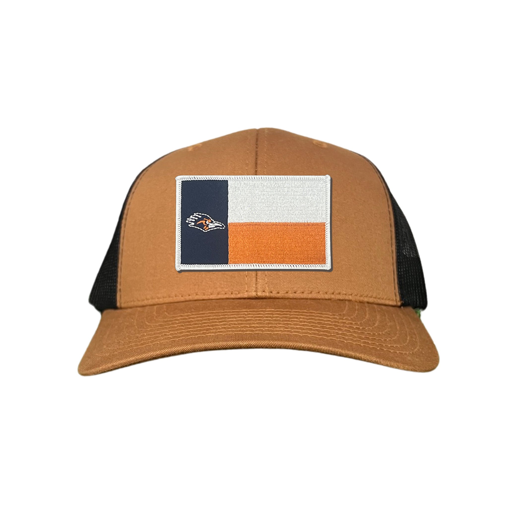 UTSA Roadrunner hat featuring a Texas state flag graphic on the front panel with a brown, black, white, and orange color scheme.