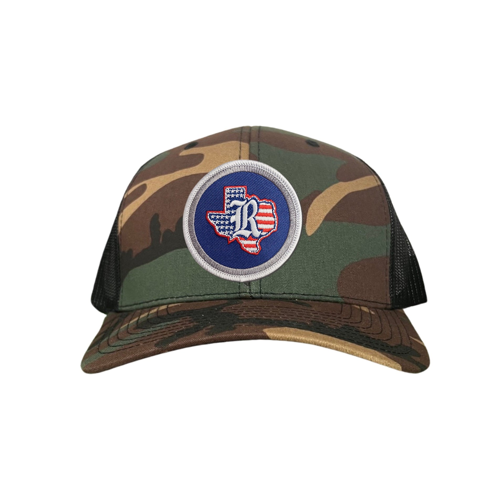 Rice University Texas American flag patch hat on khaki and blue mesh